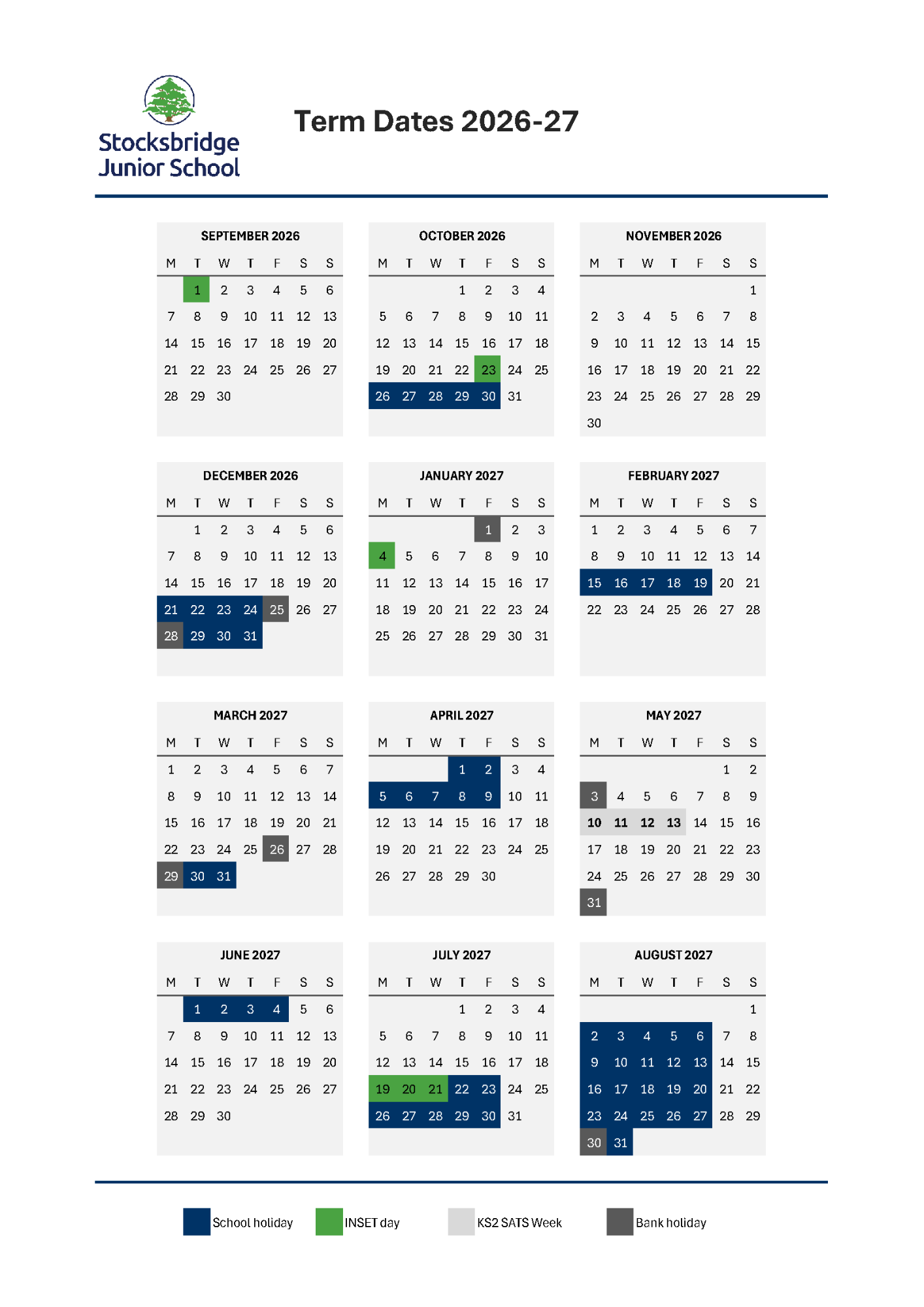 Calendar highlighting Stocksbridge Junior School's 2026-27 Term Dates