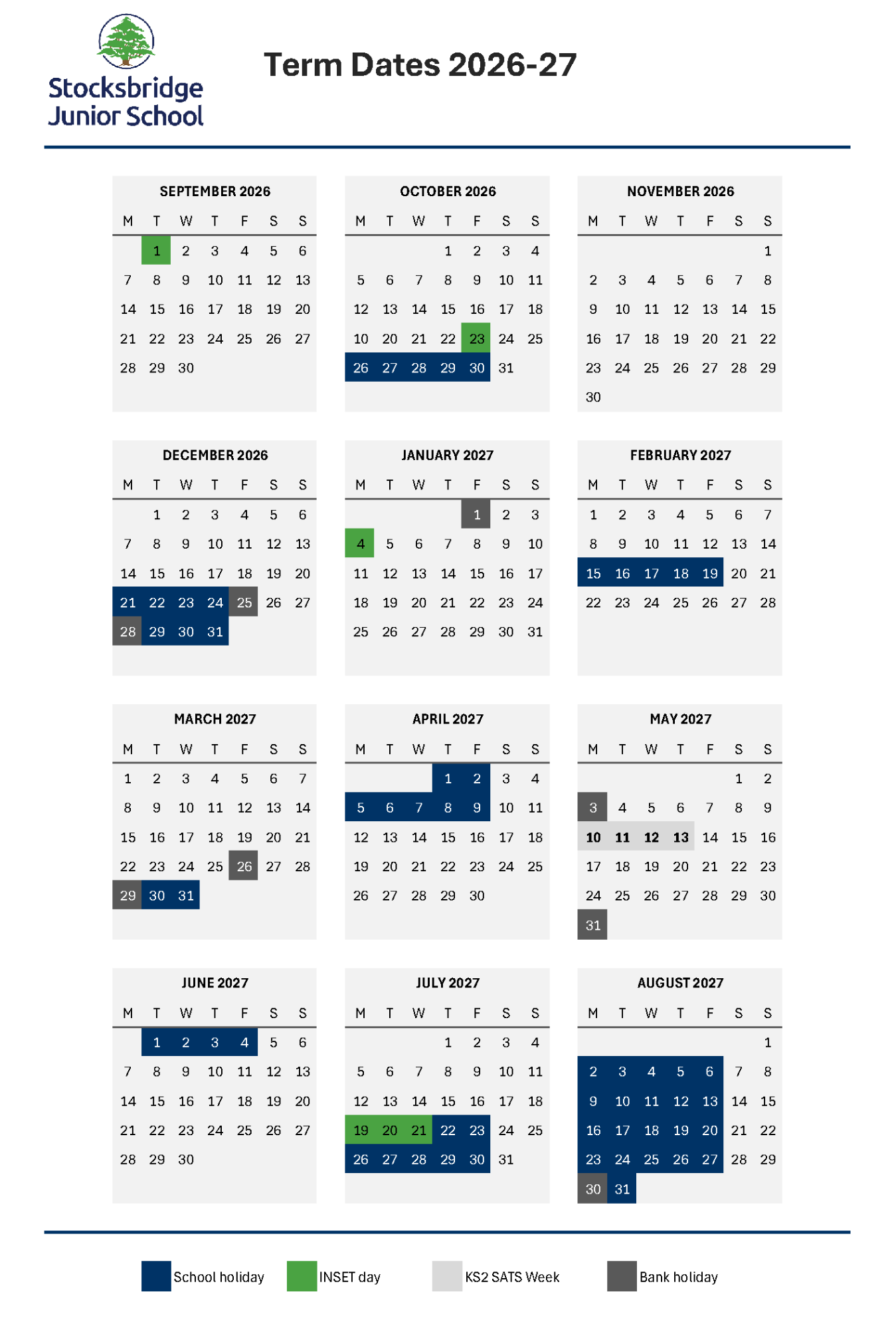 Calendar highlighting Stocksbridge Junior School's 2026-27 Term Dates